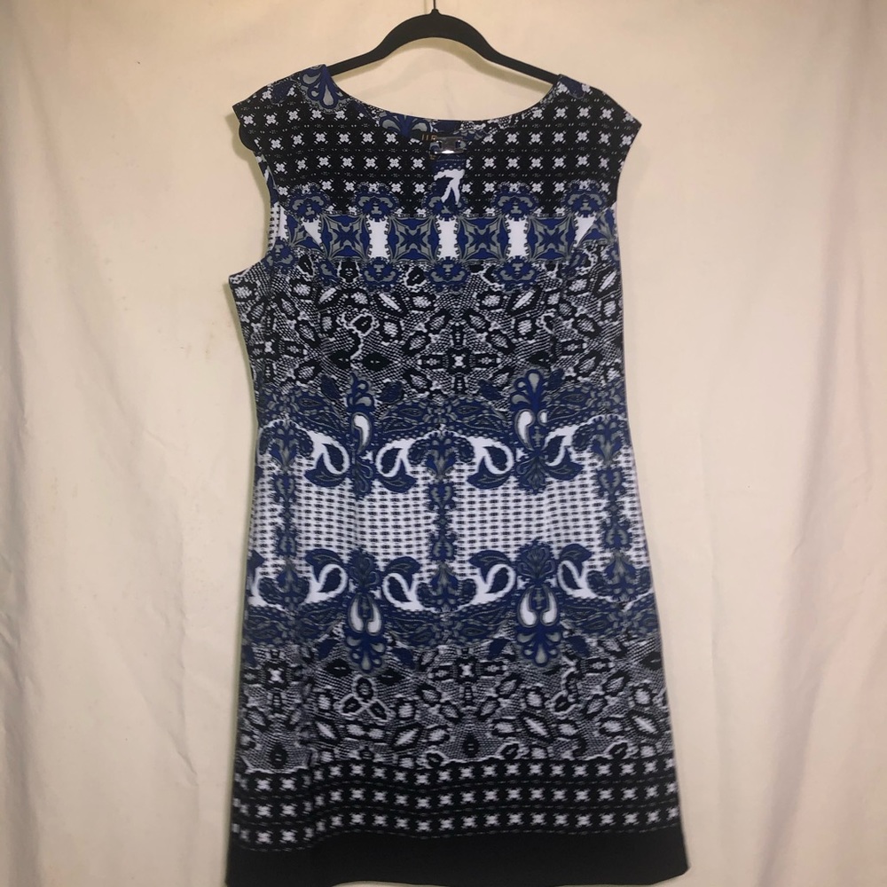 SZ 14P Sleeveless Black, White, Blue & Gray Dress